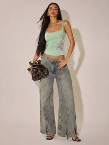 SHEIN BAE 女款淺綠色夏季時尚夜店亮片刺繡細肩帶背心上衣，Y2K風格音樂節上衣 - 薄荷綠 - 查看 7