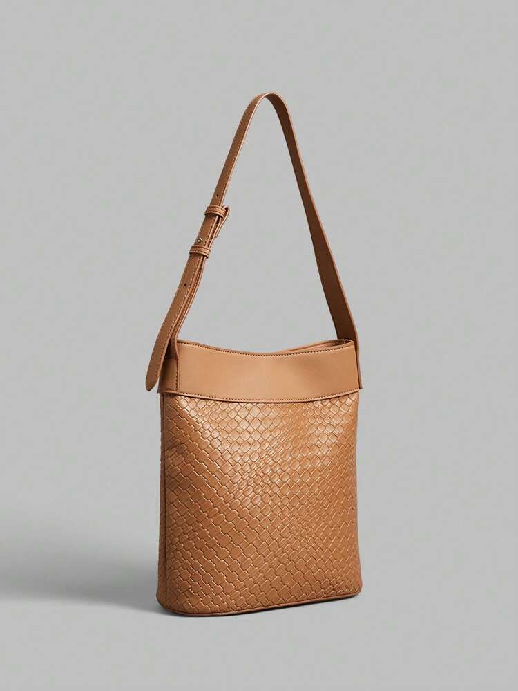 Women's Fashion Vacation Woven PU Shoulder Bag, Simple And Versatile Large-Capacity Bucket Bag, Suitable For Women, Mothers, Office Workers, Daily, Commute, Shopping