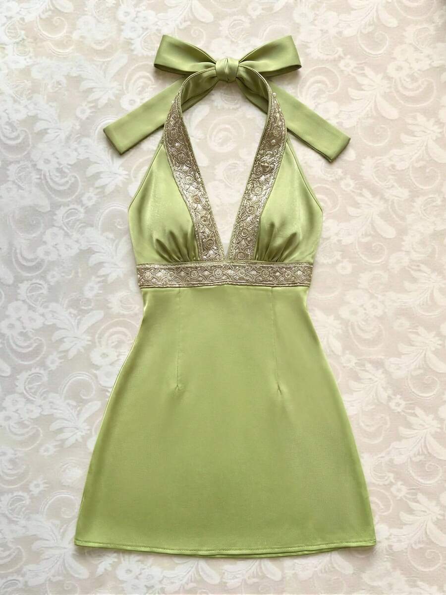 Elamini Đầm mini dáng chữ A cổ chữ V sâu, hở lưng, thêu họa tiết, phối màu, gợi cảm dành cho nữ, thích hợp cho mùa hè, tiệc biển và đi club. - màu xanh lá - Xem 1