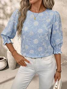 SHEIN Clasi Blusa de cuello redondo con bordado romántico de margaritas - Azul - Ver 6