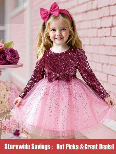 SHEIN Girls' New Autumn/Winter Sequin Velvet Contrast Mesh Sequin Pink A-Line Dress, Suitable For Autumn/Winter, A-Line Dress, High-Quality Fabric, Shiny Sequin Velvet Contrast Mesh Design, Suitable For Outings And Casual Occasions