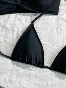 SHEIN Swim Mod Women's Basic Casual Triangle Cup Twist Bikini Top 2 Pieces Set - Black - View 5