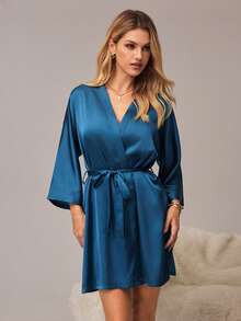 SHEIN 女士纯色系腰打结休闲家居服睡袍 - 墨綠色 - 查看 4