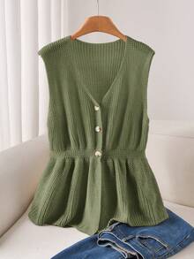 CosyJoli Cárdigan de punto con volantes en el bajo, de moda minimalista, para mujer de talla grande - Verde - Ver 6