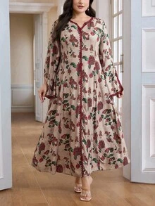 Al Najma Vestido maxi árabe holgado de manga larga con cuello en V y estampado floral para mujer de talla grande - Multicolor - Ver 6