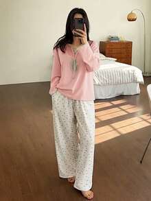 DAZY 2件套女士春季睡衣套装，带系带领蝴蝶结碎花图案，二合一 - 淺粉色 - 查看 6
