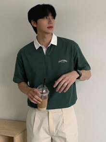 DAZY Men's Letter Print Contrast Color Polo Shirt, Summer - Green - View 6