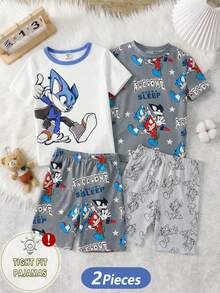 Top elegant Young Boy, alb, cu guler rotund și mânecă scurtă, cu imprimeu de vulpi albastre, asortat cu pantaloni scurți gri, material tricotat, pijamale confortabile, croială strânsă, din două piese - alb - Vizualizare 1
