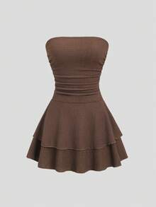 SHEIN Sweetro Đầm ngắn dệt kim không dây vai màu trơn tối giản mới dành cho nữ, đầm nhiều lớp kiểu bánh kem. - Màu nâu  Mocha - Xem 3