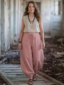EMERY ROSE Women's Casual Vacation Style Knotted Elastic Waist Side Pockets Tapered Cropped Lantern Pants - Dusty Pink - View 4
