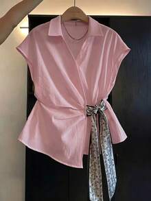SHEIN Franclia 女士夏季时尚优雅不对称下摆蝴蝶结短袖衬衫 - 粉色 - 查看 3
