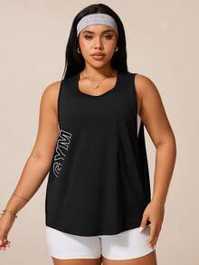 SHEIN Rhythm Era Plus Size Women Letter Print Cutout Sides Sports Tank Top Gym Sports Black And White Summer - Black - View 4