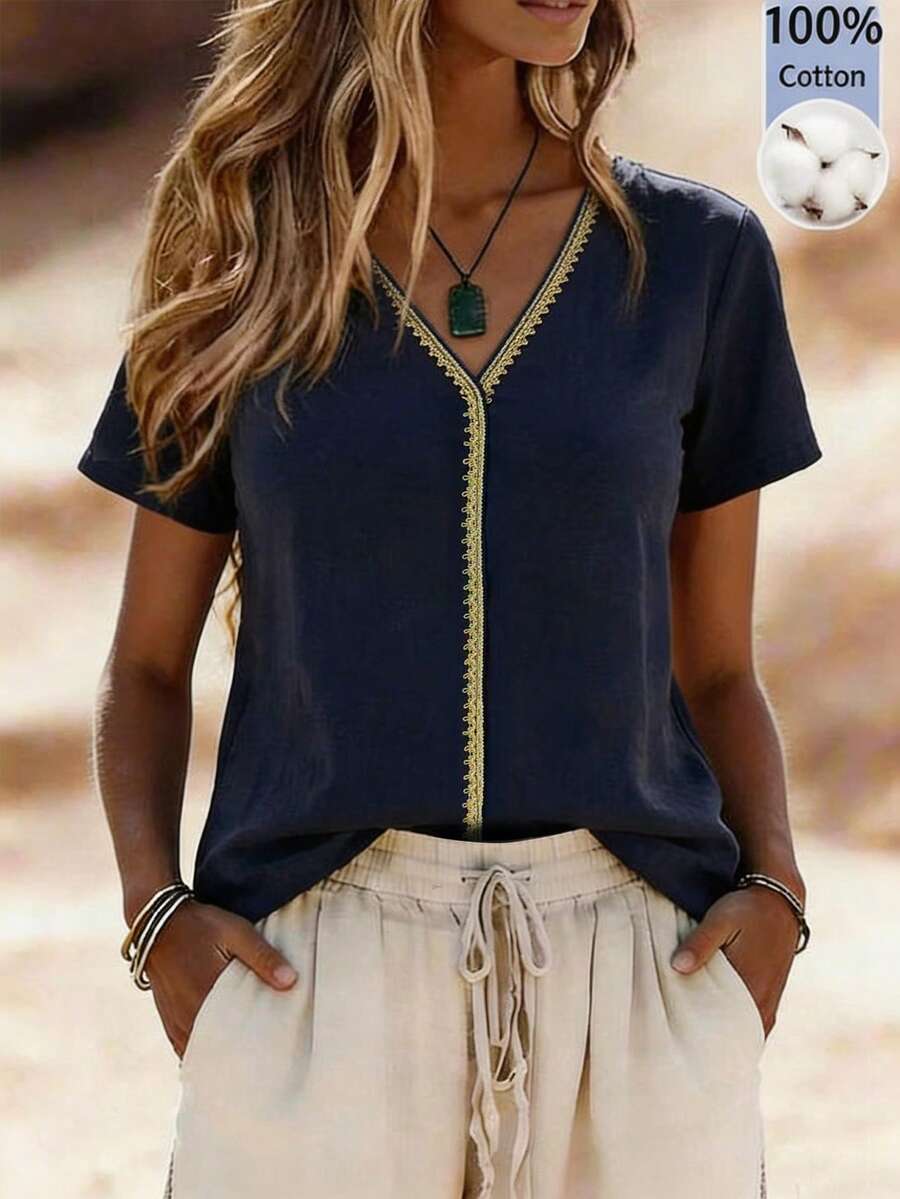 Balvessa 波西米亚风 100% 纯棉 V 领刺绣短袖上衣和抽绳短裤套装，女士沙滩度假休闲夏季装；100% 纯棉藏青色刺绣衬衫和米色抽绳短裤两件套，女士日常穿着；复古波西米亚风 100% 纯棉 V 领刺绣上衣和高腰抽绳短裤套装，女士家居服 - 藍色 - 查看 1