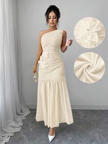 Modelyn Đầm chiffon vàng họa tiết hoa 3D dành cho nữ - Màu be - Xem 7