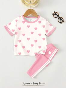 SHEIN 2pcs/Set Retro Sweet Girl Heart Print Light Pink T-Shirt And Leggings,Summer School Sports Casual Loose Outfit,Stripe Round Neck Short Sleeve Set - Multicolor - View 6