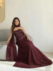 Modelyn Đầm dài tay đính sequin sang trọng, đầm dạ hội cao cấp dành cho tiệc chiêu đãi. - Màu Đỏ Sâu - Xem 5