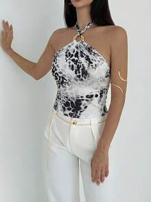 Aloruh Áo tank top nữ gợi cảm hở lưng, cổ yếm, phong cách Bohemian, chất liệu vải lưới in họa tiết động vật phối kim loại, thích hợp cho các lễ hội âm nhạc, kỳ nghỉ biển, dạo phố hàng ngày, mang đến vẻ quyến rũ. - Đen và trắng - Xem 6