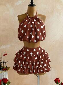 Soleia Women's Polka Dot Halter Top And Cake Skirt Set, Suitable For Summer Dates, Beach And Seaside - Coffee Brown - View 5