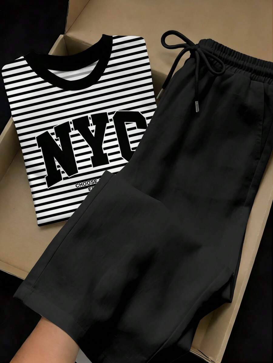 SHEIN EZwear 两件套：刺绣圆领短袖上衣和条纹印花长裤，休闲款 - 彩色 - 查看 1