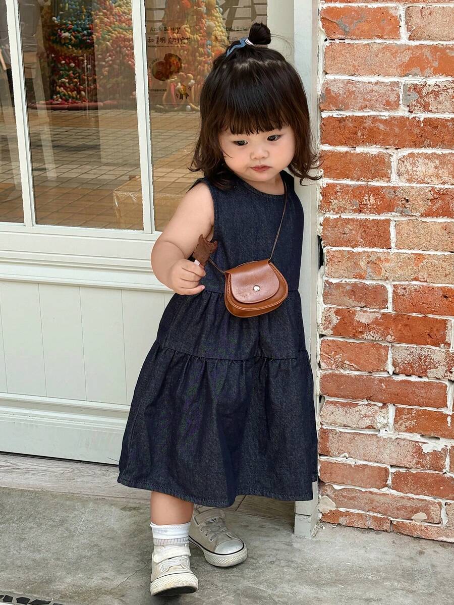 Dazy Kids Đầm denim wash kiểu Hàn Quốc không tay cổ tròn cho bé gái sơ sinh/trẻ nhỏ - Màu xanh lam - Xem 1