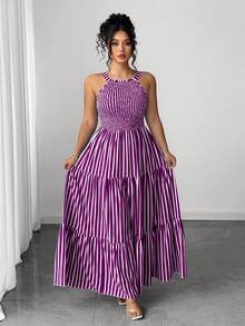 Elenzga Đầm mùa hè cỡ lớn kẻ sọc dáng suông xếp nếp - Màu tím  Violet - Xem 3