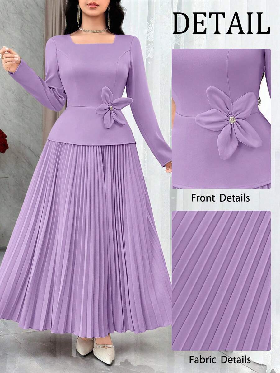 Modelyn 女士优雅褶皱腰身3D立体花卉装饰长裙，适合约会和派对穿着