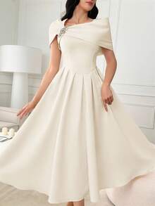 Modelyn Women's Solid Color Asymmetric Shoulder Pleated Patchwork Elegant Summer Dress - Apricot - View 7
