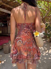 Sunnyshic Vestido corto de verano casual y versátil para uso diario, con estampado de paisley bohemio de doble capa, bajo irregular con volantes de contraste, tirantes de lazo y tirantes de espagueti - Multicolor - Ver 2