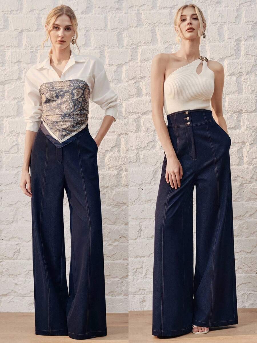 Anewsta 女士夏季休闲时尚优雅搭扣装饰高腰褶皱阔腿裤