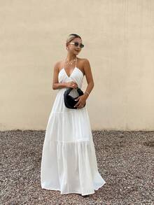 DAZY Vestido ajustado de cintura sólida con línea A, vestido casual de playa de verano con cuello halter y espalda descubierta para mujeres, vestidos bohemios de sol para vacaciones de mujeres - Blanco - Ver 3