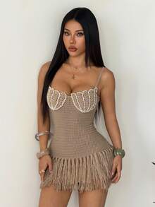 SHEIN PETITE 贝壳形抹胸流苏下摆吊带修身迷你连衣裙，波西米亚风，度假风，适合春夏、情人节、约会 - 卡其色 - 查看 6