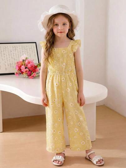 Souflis Bộ áo liền quần họa tiết hoa cúc vàng độc đáo, ôm dáng, dễ thương, phù hợp cho hoạt động ngoài trời mùa hè và đi học, tay ngắn kiểu đồng quê, mặc hàng ngày.