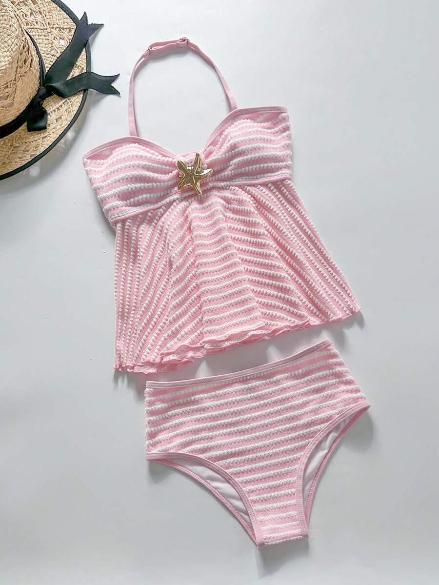Conjunto de traje de baño de niña preadolescente con cuello de halter, textura de rayas y color rosa - Rosa - Ver 1