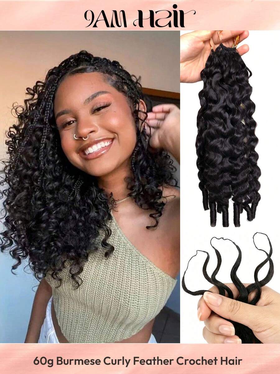 Boho Braids 缅甸卷发 60克 50束 女士钩编发 14-22英寸 缅甸卷发束 100% Remy真人发 预先分离 隐形奇迹结 羽毛钩编真人发 波西米亚风接发 自然黑 1B#