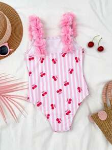 SHEIN Young Girl Cherry Striped Print Decorated One-Piece Swimsuit, Beach & Resort Style - Red and White - View 4