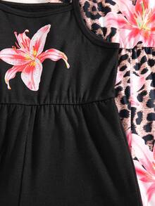 SHEIN Elladie kids 3件套女童夏季新款2025碎花印花及纯色连体短裤套装，简约时尚度假风 - 彩色 - 查看 3