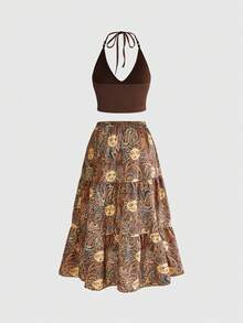 ROMWE Hippie Sun, Moon & Star Print Plus Size Halter Top & Skirt 2-Piece Set - Brown - View 2