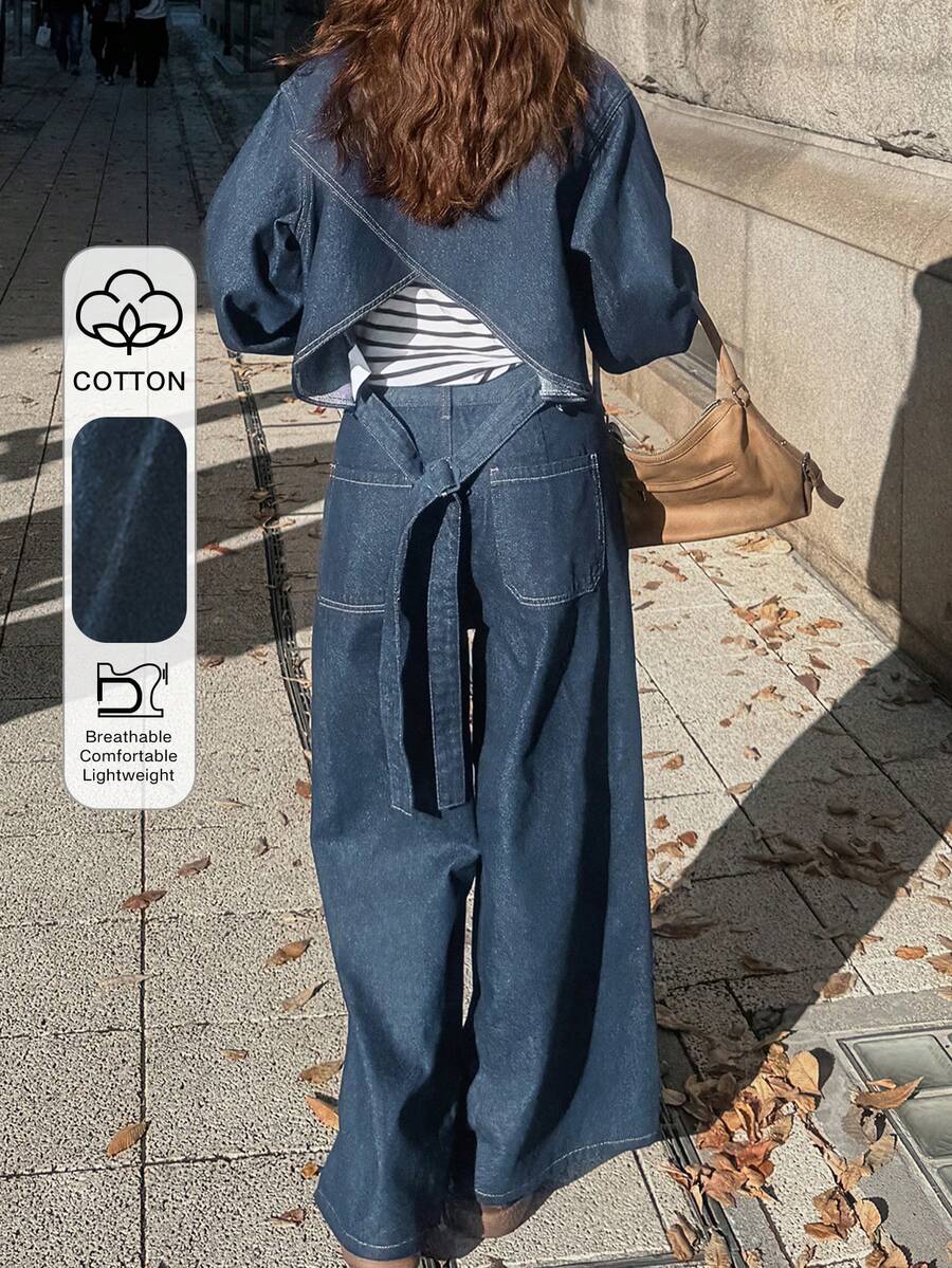 FRIFUL 女士长袖单排扣口袋衬衫搭配阔腿牛仔裤休闲套装 - 藍色 - 查看 1
