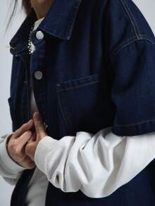 MUSERA Denim Short Sleeve Shirt Spring 90's Y2k Cute Casual, Summer Brooklyn Heights Western Holiday Concert Festival Winter Everyday Office Work Chic - Royal Blue - View 5