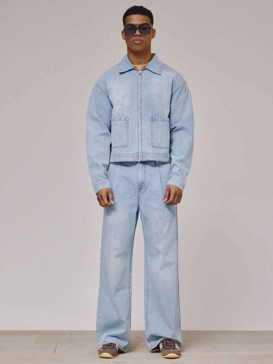 Musero Washed Wide Straight Leg Pleated Jeans Button Fastening Belt Loop Detailing Co Ord Only Denim Trousers Spring Summer Essentials Holiday Beach - Light Wash - View 1