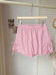 SHEIN EZwear Plus Size Pink Plaid Bow Decor Casual Shorts, Spring Summer - Baby Pink - View 6
