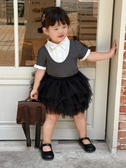 Dazy Kids 女婴撞色拼接Polo领二合一短袖上衣