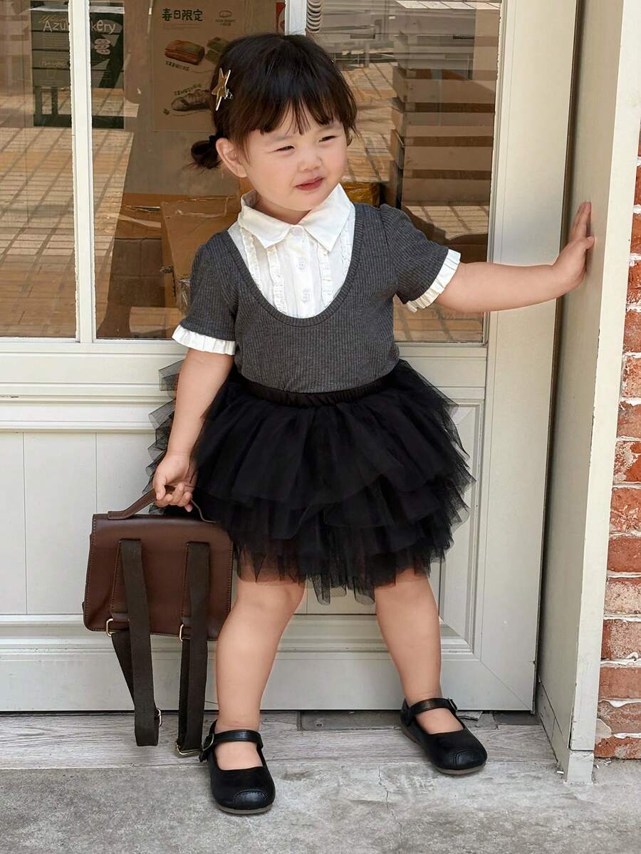 Dazy Kids 女嬰 Polo 領撞色 2 合 1 短袖上衣 夏季幼兒 - 灰色 - 查看 1