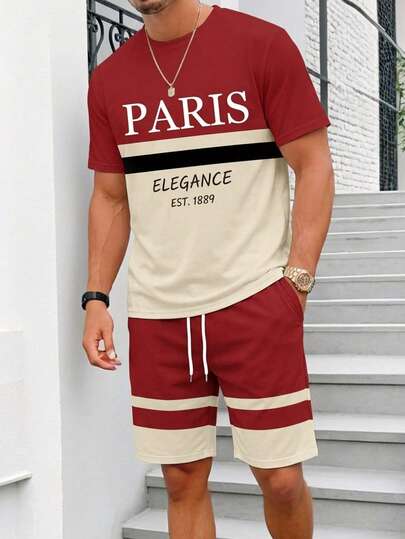 Sorvial Men's Casual Colorblock Print T-Shirt Set, Suitable For Summer Outings, Gift For Husband/Boyfriend