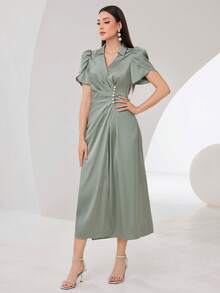 Modelyn Vestido con mangas cortas en forma de pétalo y plisado para mujer, vestido de fiesta elegante y largo para eventos - Verde - Ver 4