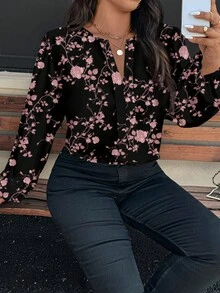 Reflora Blusa de manga larga con cuello con muesca, estampado floral todo sobre, estilo casual de vacaciones, talla grande para mujer, primavera/otoño - Negro - Ver 7