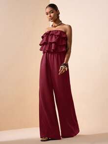Zivah 2026春夏婚礼季、音乐节、复活节西式多层荷叶边纹理面料高腰阔腿连体裤 - 酒紅色 - 查看 3