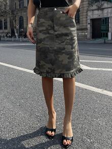 DAZY 迷彩美人鱼荷叶边下摆休闲街头风女式夏季半身裙 - 軍綠色 - 查看 8