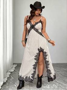 Nubod 大码女装夏季新款杏色黑色波点复古性感V领开衩修身优雅吊带长裙。适合场合：度假、海滩、音乐节、鸡尾酒会、约会、宴会。 - 彩色 - 查看 5