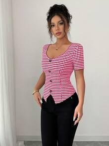 Elenzga t-shirt ajusté à manches courtes avec encolure à trou de serrure et imprimé pied-de-poule élégant pour femmes, convient pour le travail et les déplacements en été - Lie de vin - Voir 3